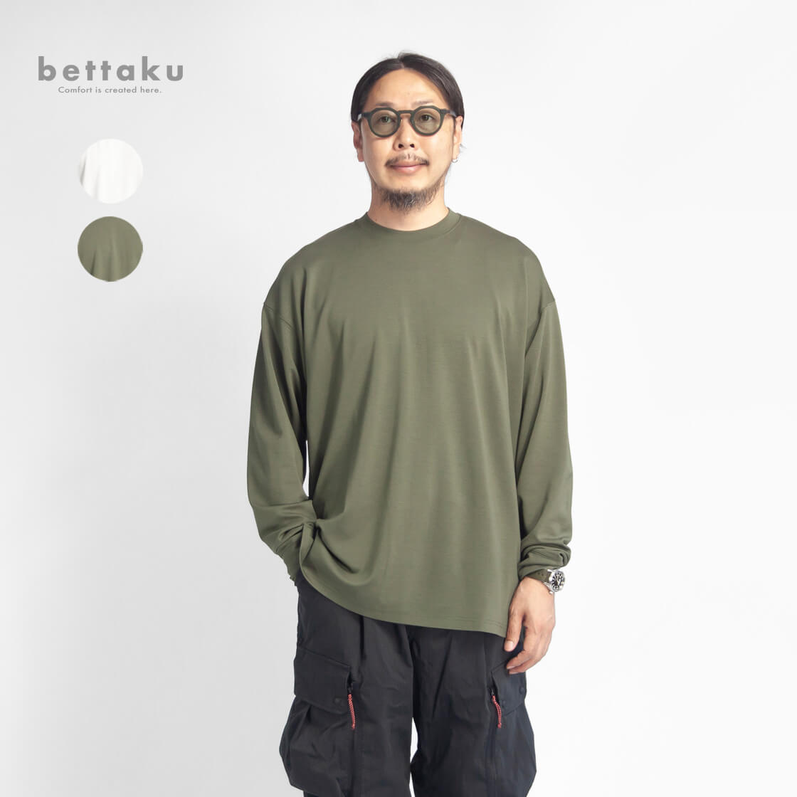 Bettaku ベッタク 1タック レーヨンポンチ 長袖Tシャツ 日本製 メンズ