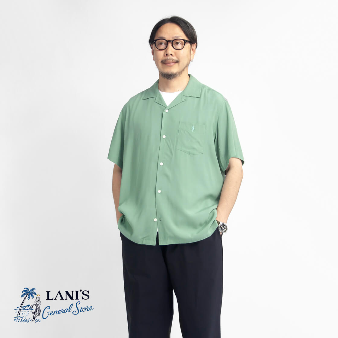 LANI'S General Store ラニーズジェネラルストア レーヨンちりめん フラガール刺繍 アロハシャツ メンズ