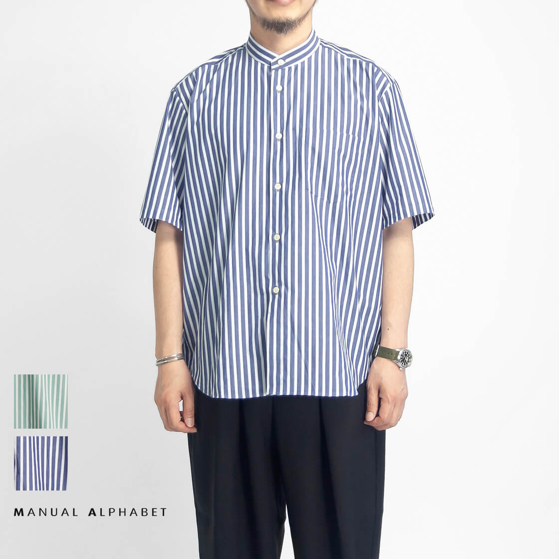 MANUAL ALPHABET マニュアルアルファベット ポプリンストライプ ルーズフィット バンドカラー半袖シャツ 日本製 メンズ